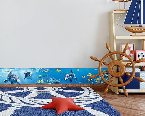 Vista 118 de FLFK Calcomanías de pared para despegar y pegar, para habitación de los niños, calcomanías de peces bajo el mar, 4 x 240 pulgadas (azul)