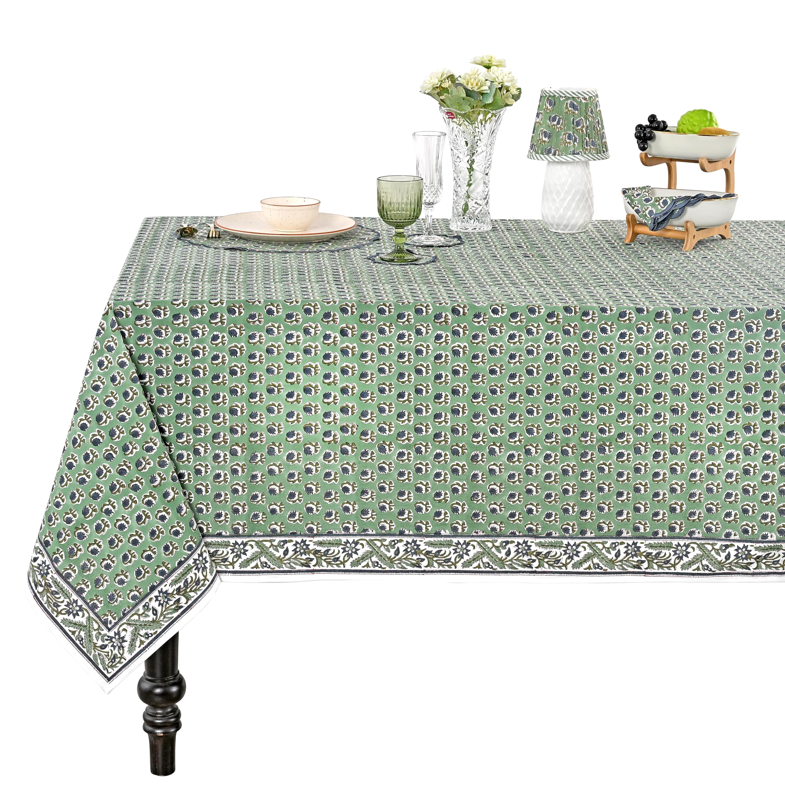 Ridhi Hand Block Print Basil Green Rectangle Cotton Tablecloth 90" x 60" Reusable Table Cover Decorative Everyday Use for Dining, Farmhouse, Home Gift for Spring, Easter, Valentine
