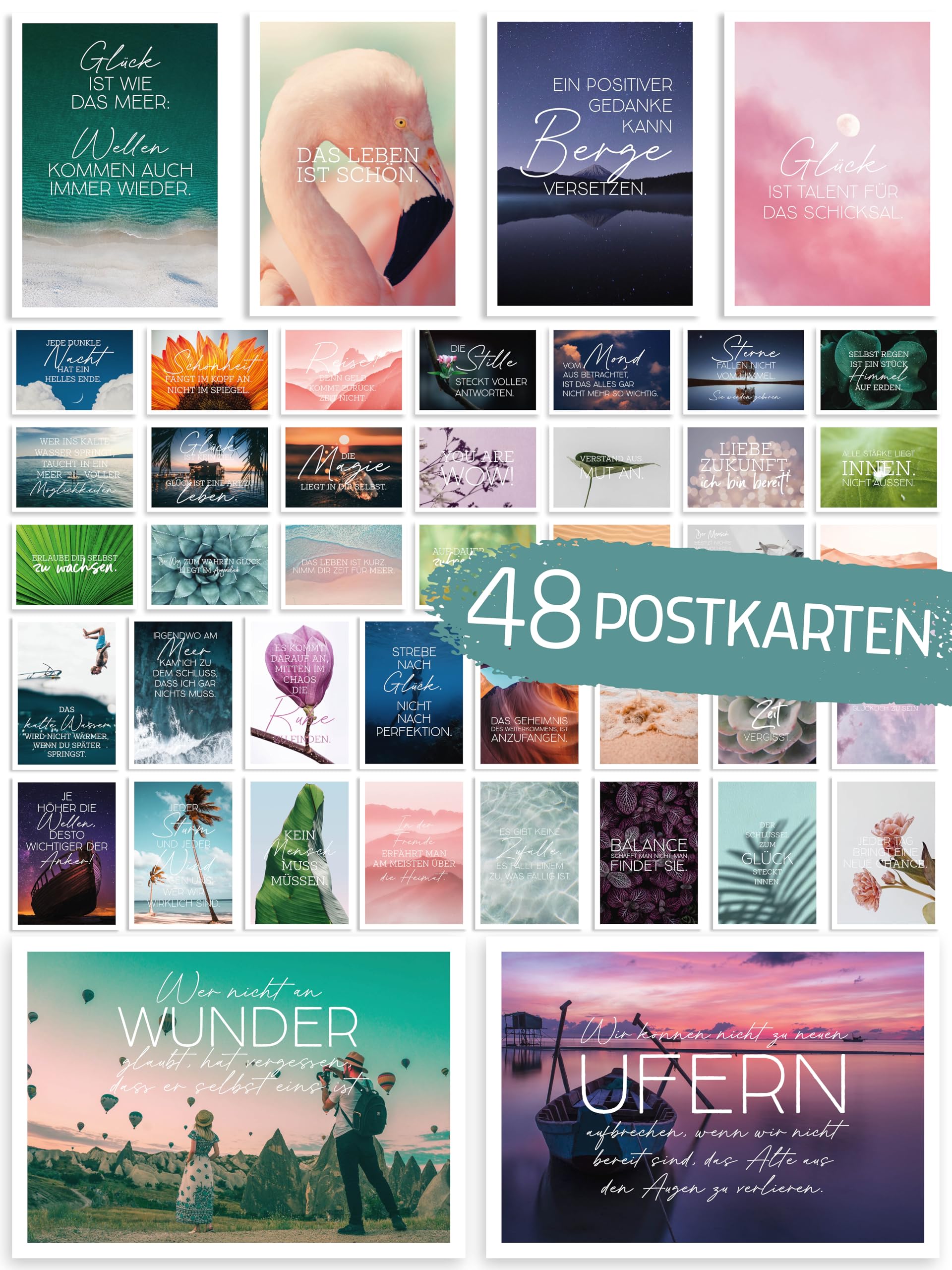 48er Set Postkarten mit Sprüchen Motiven Zitaten Lebensweisheiten Karten mit Spruch für Motivation Achtsamkeit Affirmation Aphorismen Mutmacher Geschenk Deko Dankeschön Coaching Training Grußkarten