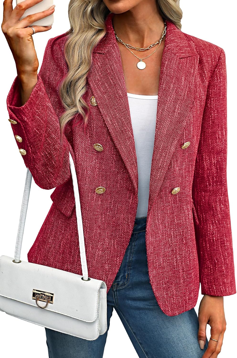 ELLEVEN Women's Tweed Blazers Business Casual - Long Sleeve Double Breasted Jackets Open Front Work Suits