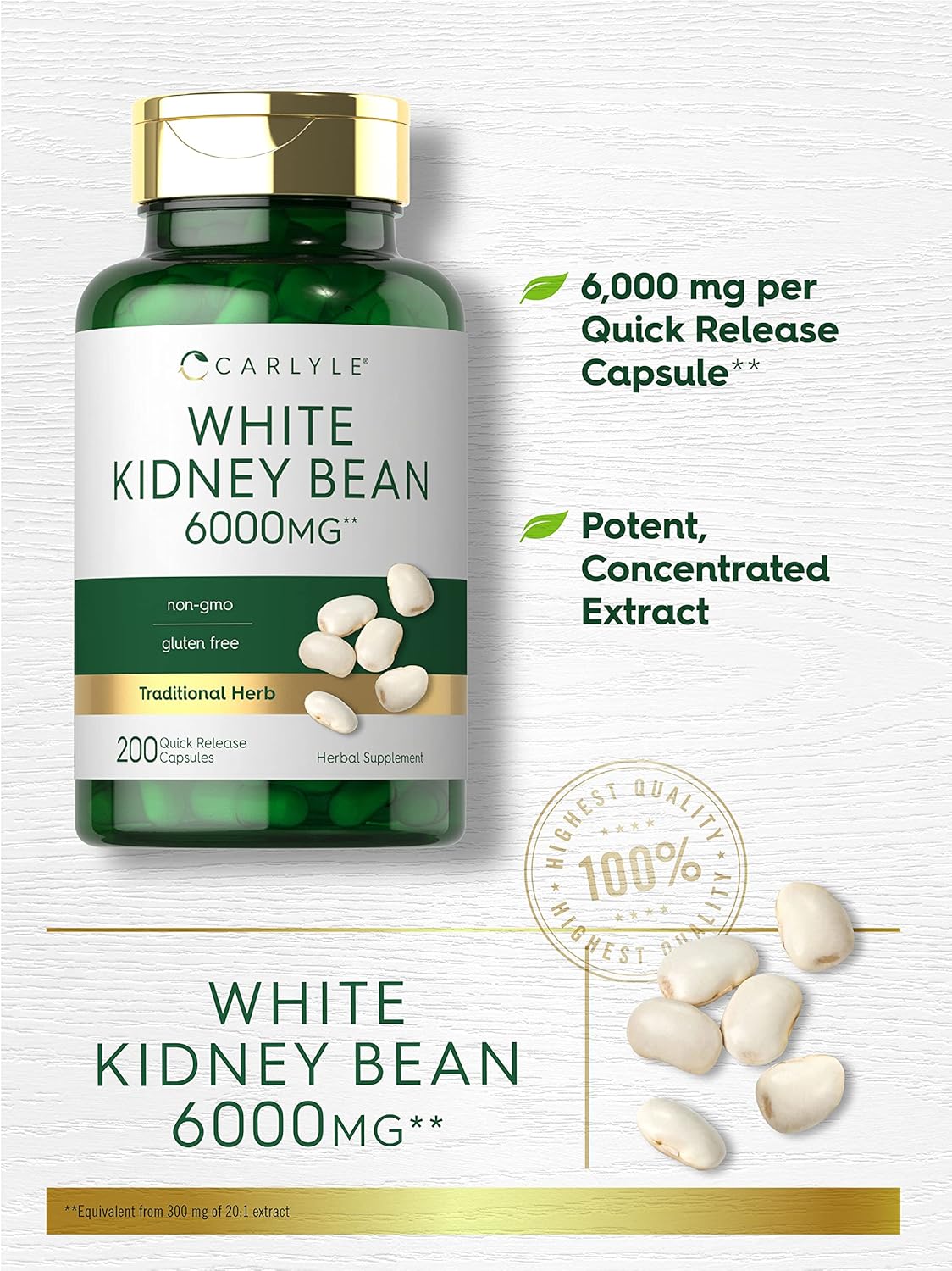 White Kidney Bean | 6000mg | 200 Count | Non-GMO & Gluten Free Extract | by Carlyle : Health & Household