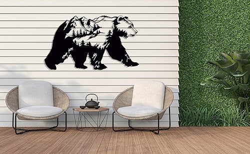 Decoración de pared de metal con oso, arte de pared grande para exteriores, decoración de montaña y naturaleza, decoración de pared de bosque,