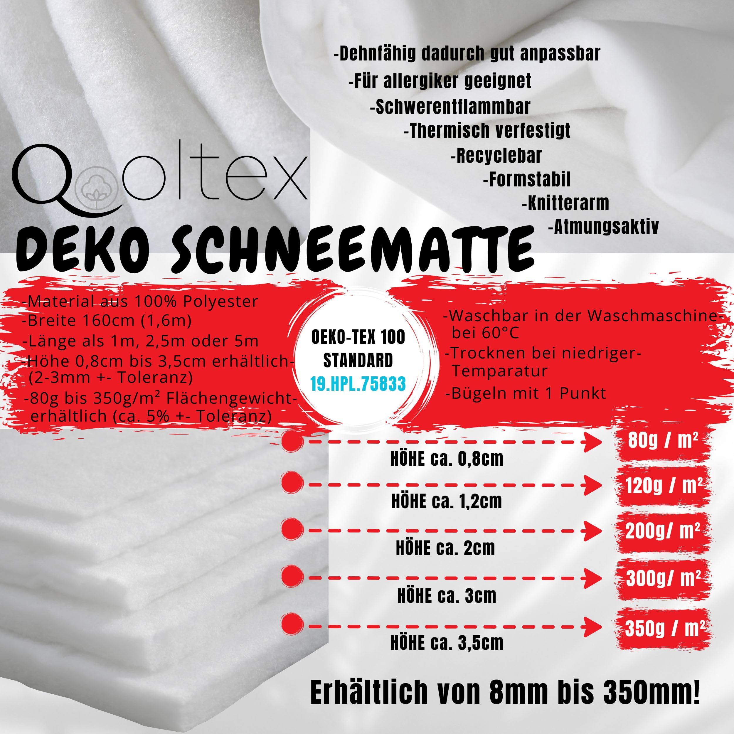 Schneedecke 160x500cm (BxL) - Kunstschnee Deko Schneematte Künstliche Schneewatte Rolle - 5m länge (18mm dick) 180g/m² flächengewicht