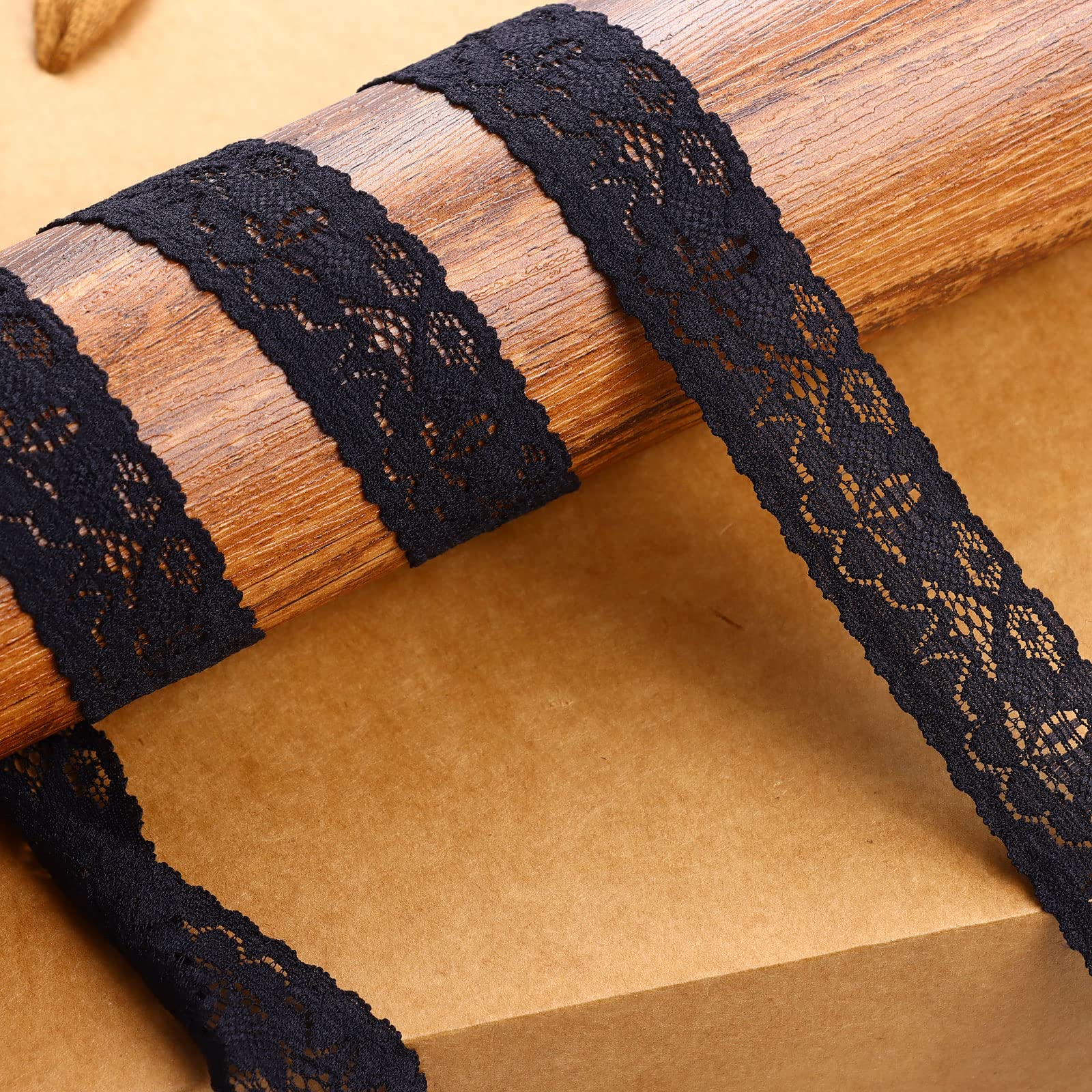 JUCOXO Cinta de encaje negra de 1 pulgada de ancho x 25 yardas, ribete de encaje elástico con patrón floral para decoración de bodas y manualidades