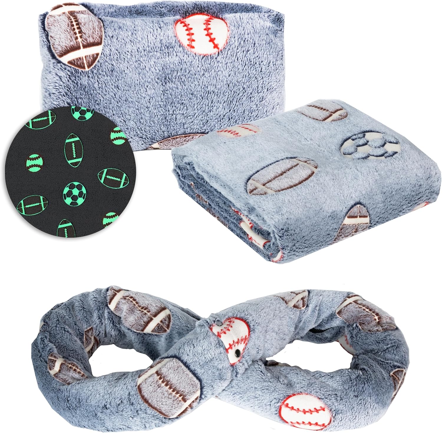 NAPRO Kids 3-in-1 Travel Blanket and Pillow Combo, Convertible Infinity Scarf, Lightweight Neck Support for Airplane, Car & Camping, Glow-in-The-Dark - Sports