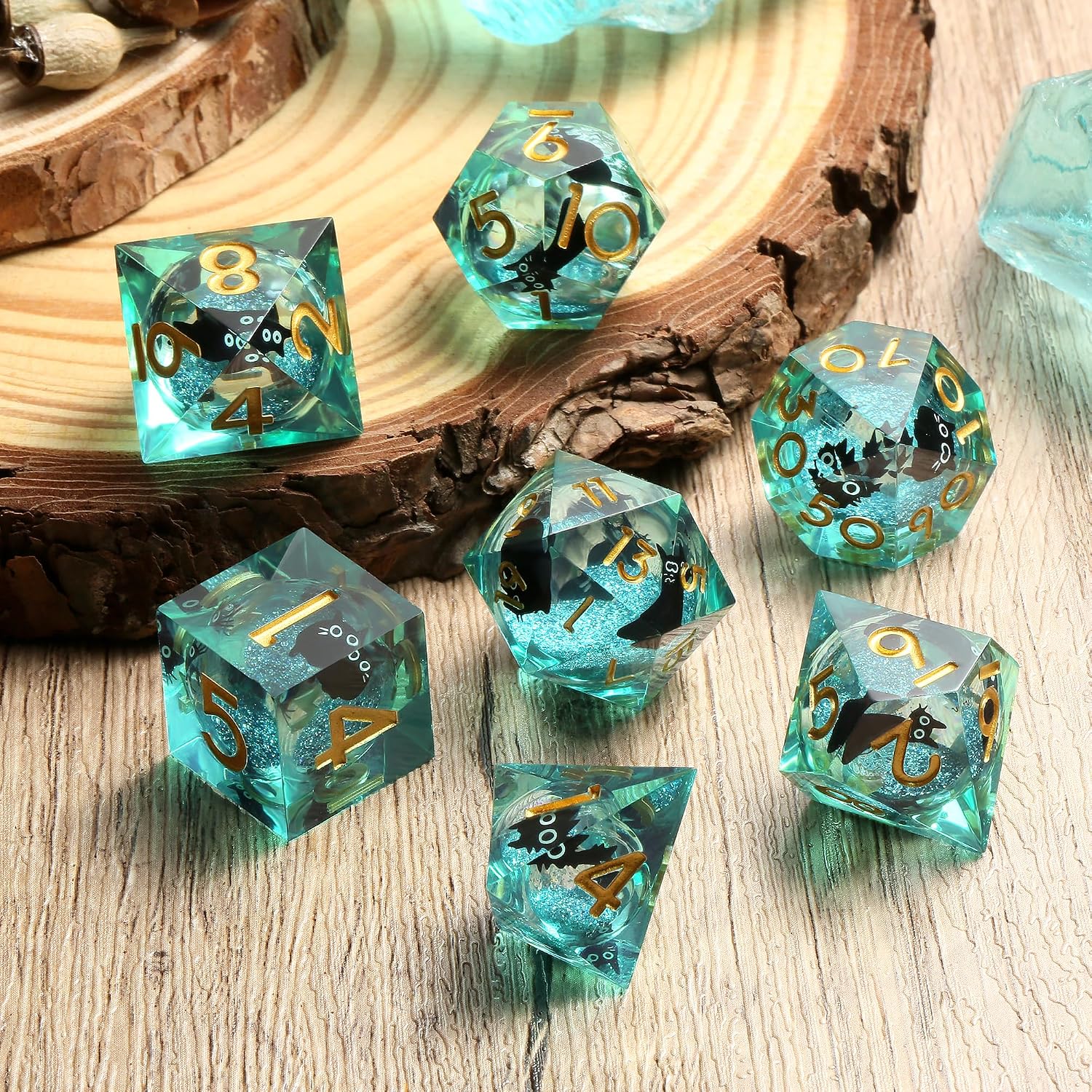 DNDND 7-Piece Teal Clear RPG Dice Set - Sparkling Liquid Core, Kawaii Cat Stickers, Foam-Lined Metal Case for Tabletop Gamers(Teal)