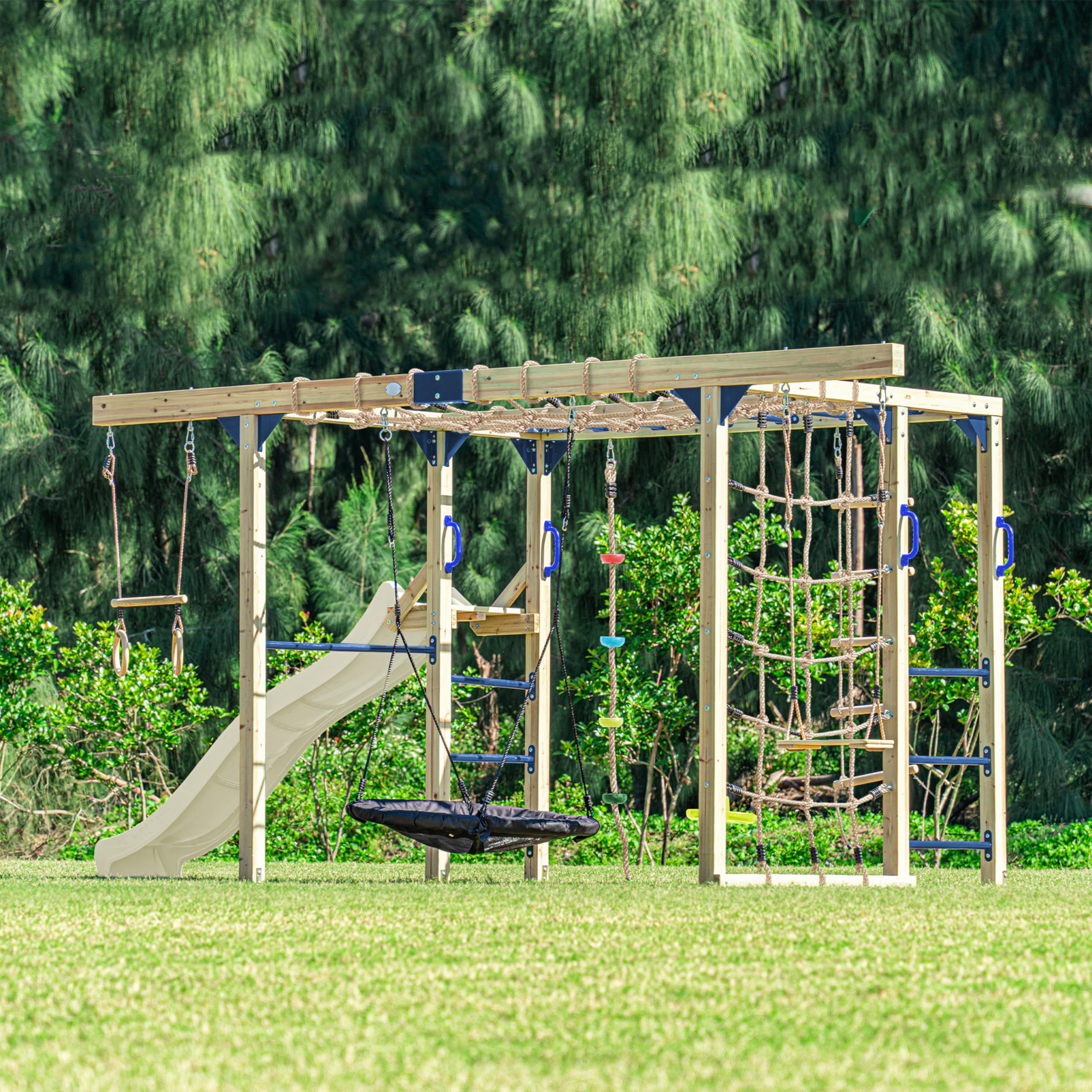 AXI Boris Juego de Escalada para ninos de Madera Marron con Tobogan Crema | Estructura para trepar Equipada para ninos con Diferentes Columpios, Trapecio, Redes para trepar y Barras de Mono.