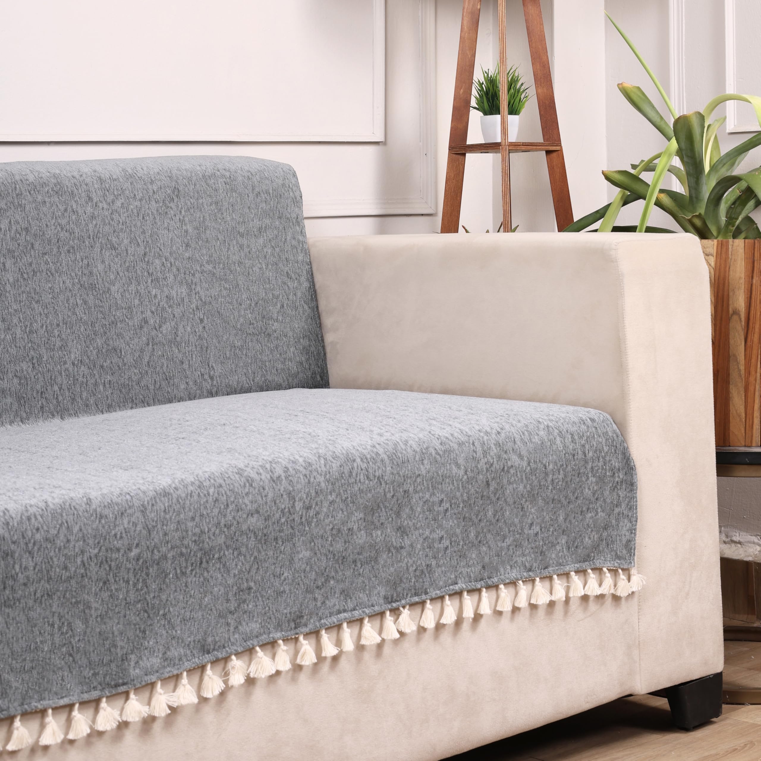 STITCHNEST Grey Chenille Sofa Cover 70x60 Inch – Soft, Durable & Textured Fabric with Tassels | Full Coverage Sofa for Living Room, Bedroom, or Drawing Room-image-23