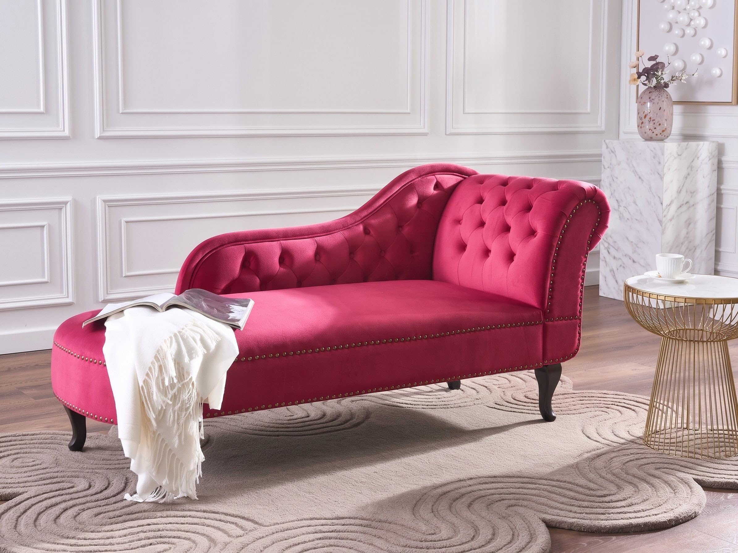 Chaise Longue in Velluto Bordeaux Versione Destra Stile Chesterfield