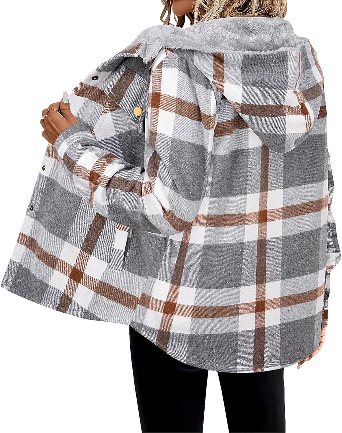 Zeagoo Womens Plaid Shacket Jacket Long Sleeve Fleece Hooded Jackets Fall Winter Warm Coat S-2XL - Image 4