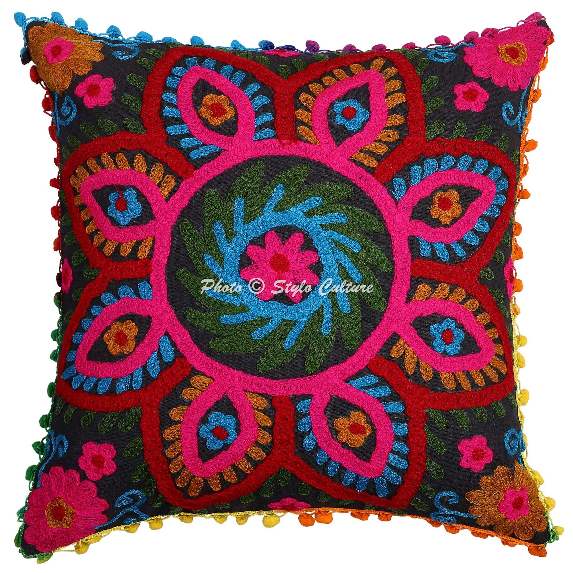 Etnico Fodere Per Cuscini 40x40 cm Decorativi Sedie Divano Floreale Pizzo Pom Pom Ricamato Suzani Nero Quadrato Cerniera 16x16 pollici Federe Per Cuscino Camera Da Letto - 5 pezzi
