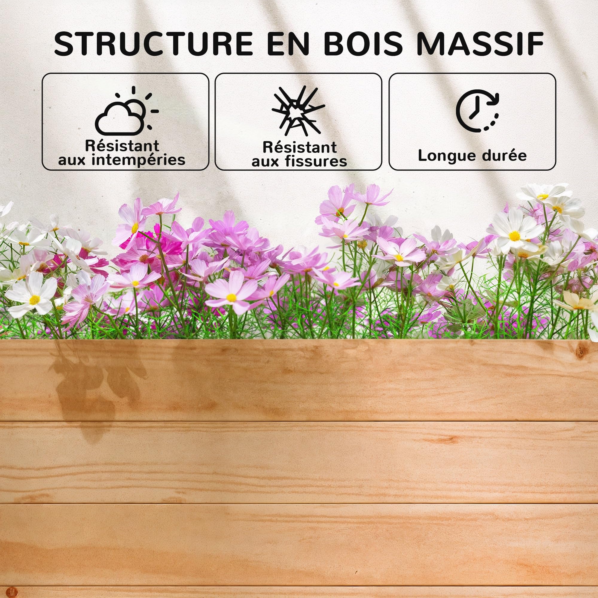 Outsunny Jardinière Surélevée avec Treillis Latéral et Supérieur, bac à Fleurs, lit surélevé Trous de Drainage, pour Plantes grimpantes, Fleurs, extérieur, Bois Massif, 200x44x113,5cm, Bois Naturel