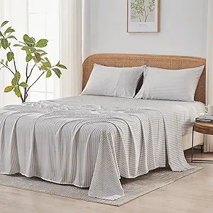 Sijo AiryWeight Tencel Sheet Set, 100% Lyocell Derived from Eucalyptus, Buttery Soft, Architectural Digest 2022 Best Cooling Sheets Winner - 4pc - 2 Pillowcases 1 Fitted 1 Top (Stripe, Cal King)