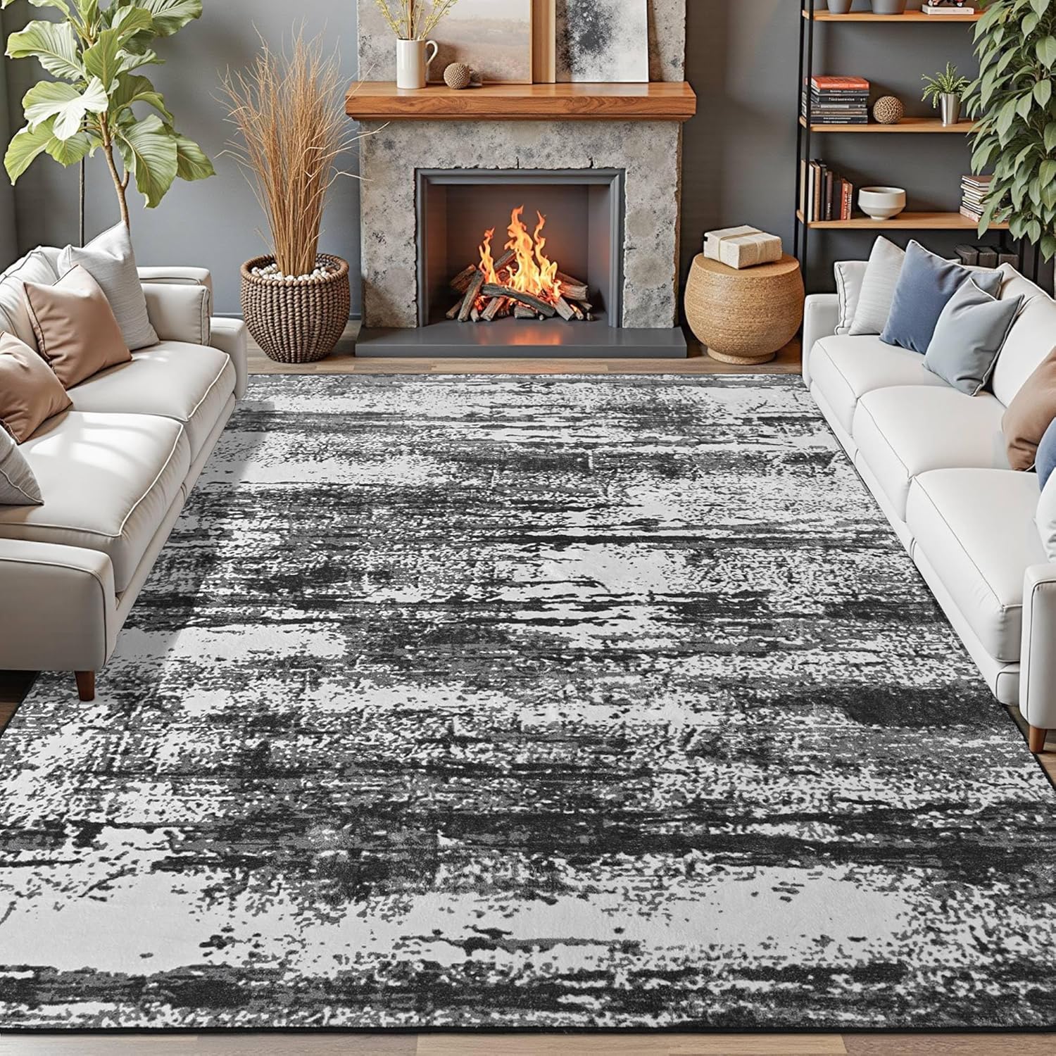 Merelax 5x7 Black White Living Room Area Rug, Large Washable Rugs for Bedroom Dining Room, Soft Boho Abstract Area Rugs, Modern Non Slip Low Pile Carpet for Office Study Kids Room