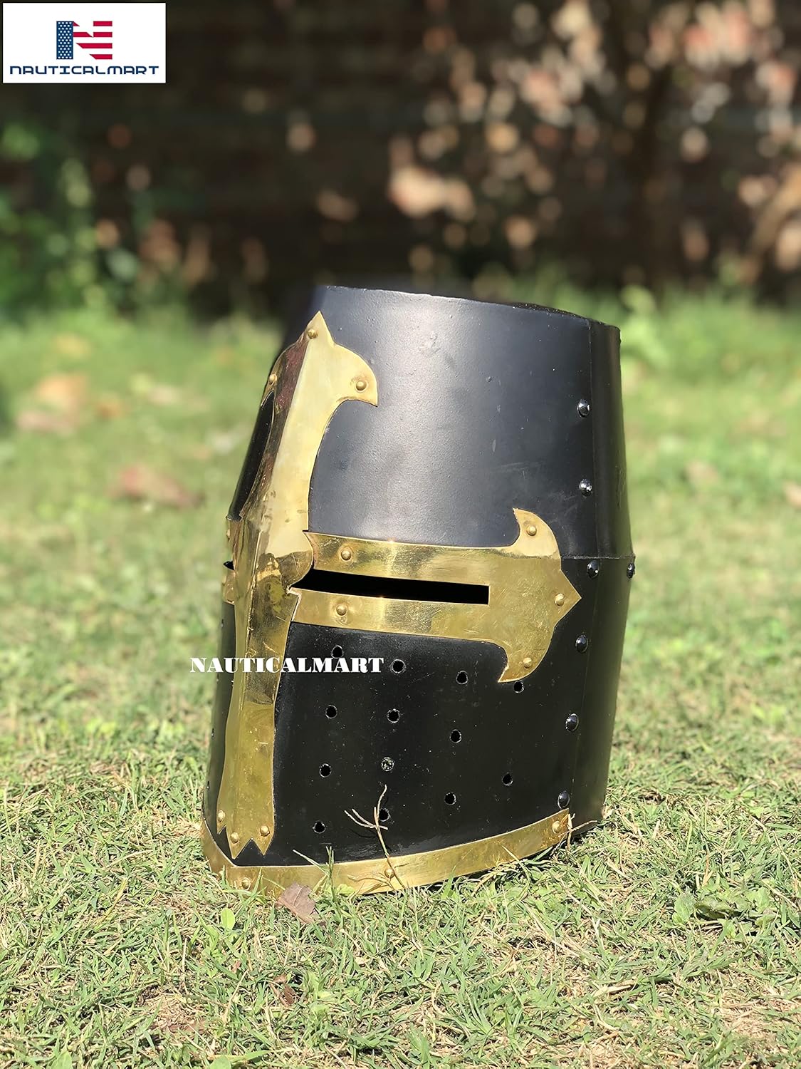 NauticalMart Black Knight Crusader Helmet Medieval Templar Armor Costume Helmet Black Finish Sugarloaf Brass Design Templar Helmet Great Greek Roman Spartan Helm Wearable For Medieval Costumes