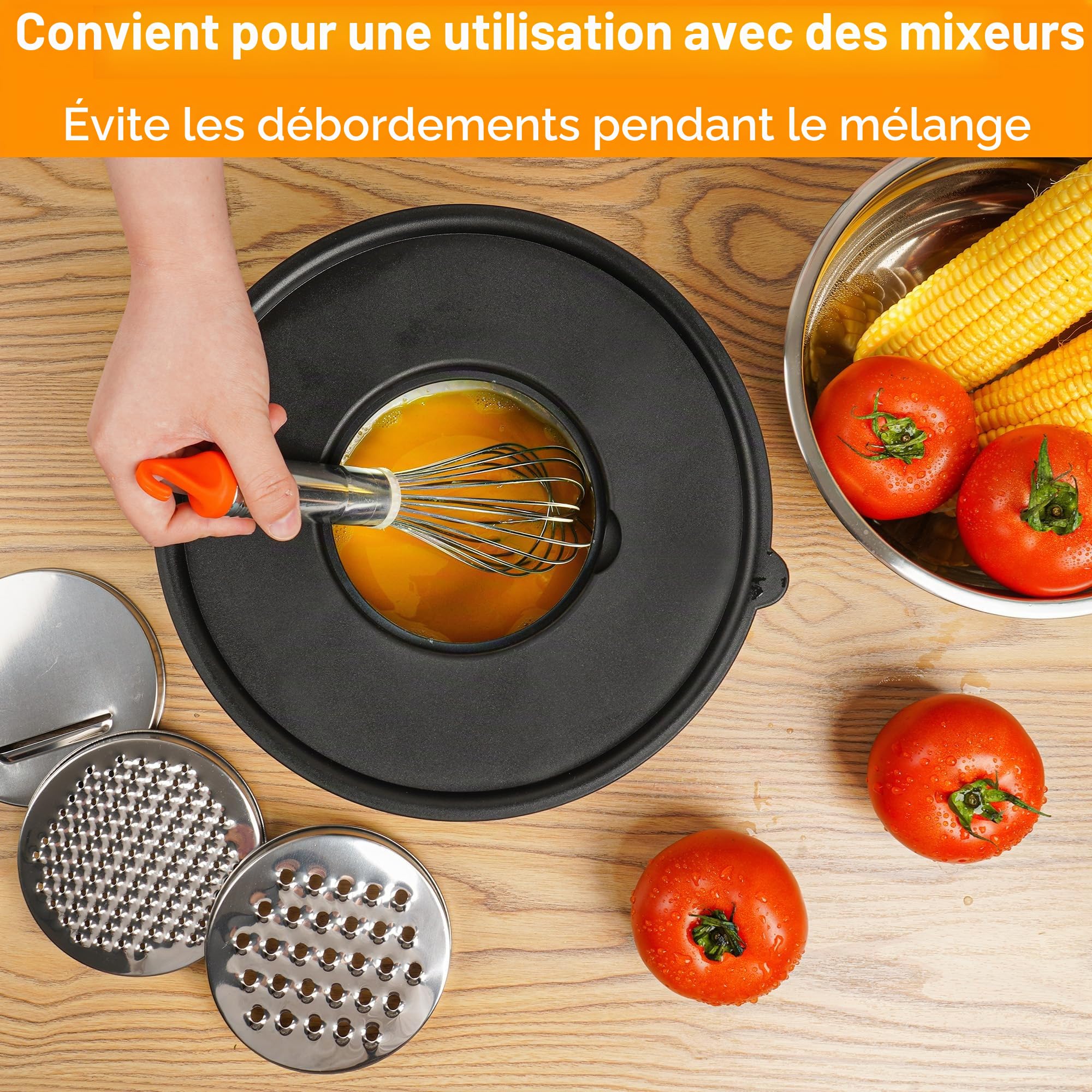 KUOGAS Lot de 5 Saladiers Avec Couvercle,cul de Poule Inox,3 Râpes, grand Saladier Inox AntidéRapant avec Couvercle, Empilable, Protection anti-éClaboussures, Passe au Lave-Vaisselle