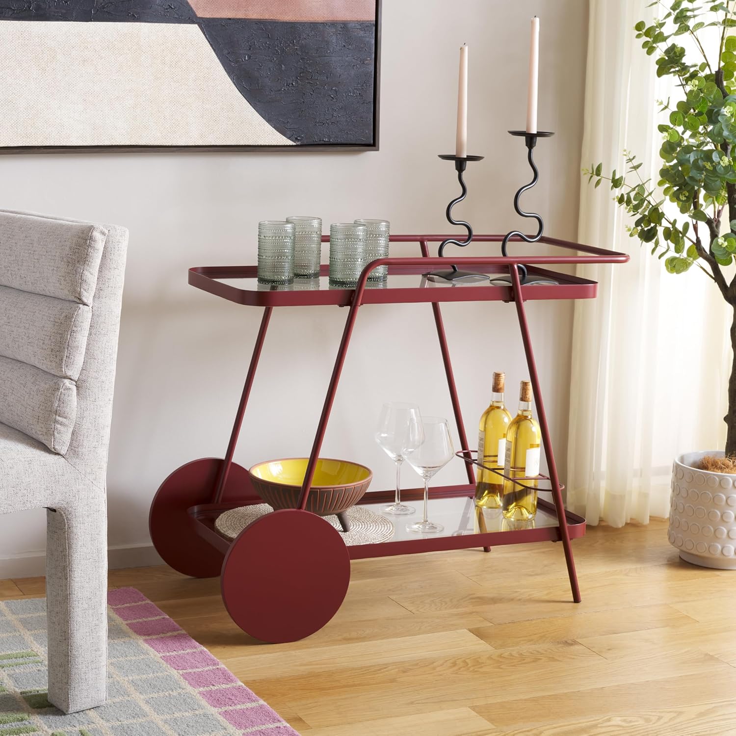 SAFAVIEH Home Collection Zunia Brick Red & Clear Glass 2-Tier Kitchen Dining Bar Cart Trolly with Wheels