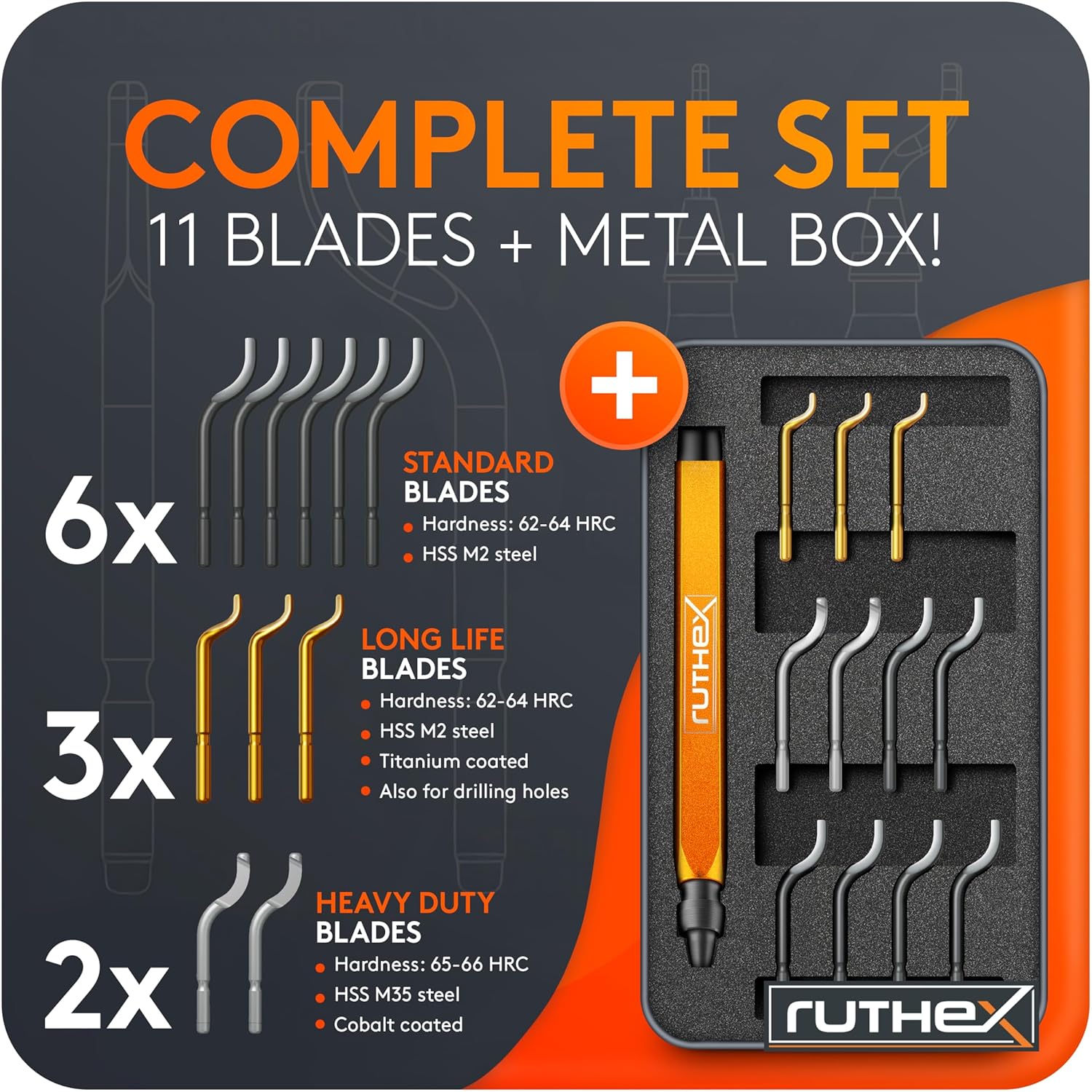 ruthex Deburring Tool (11 Blades) in Metal Box – Manual Debur Tool with Storage in Handle – Ideal Deburring Tool for Metal, Resin, Steel, PVC, 3D Printing – 360° Rotating Blade