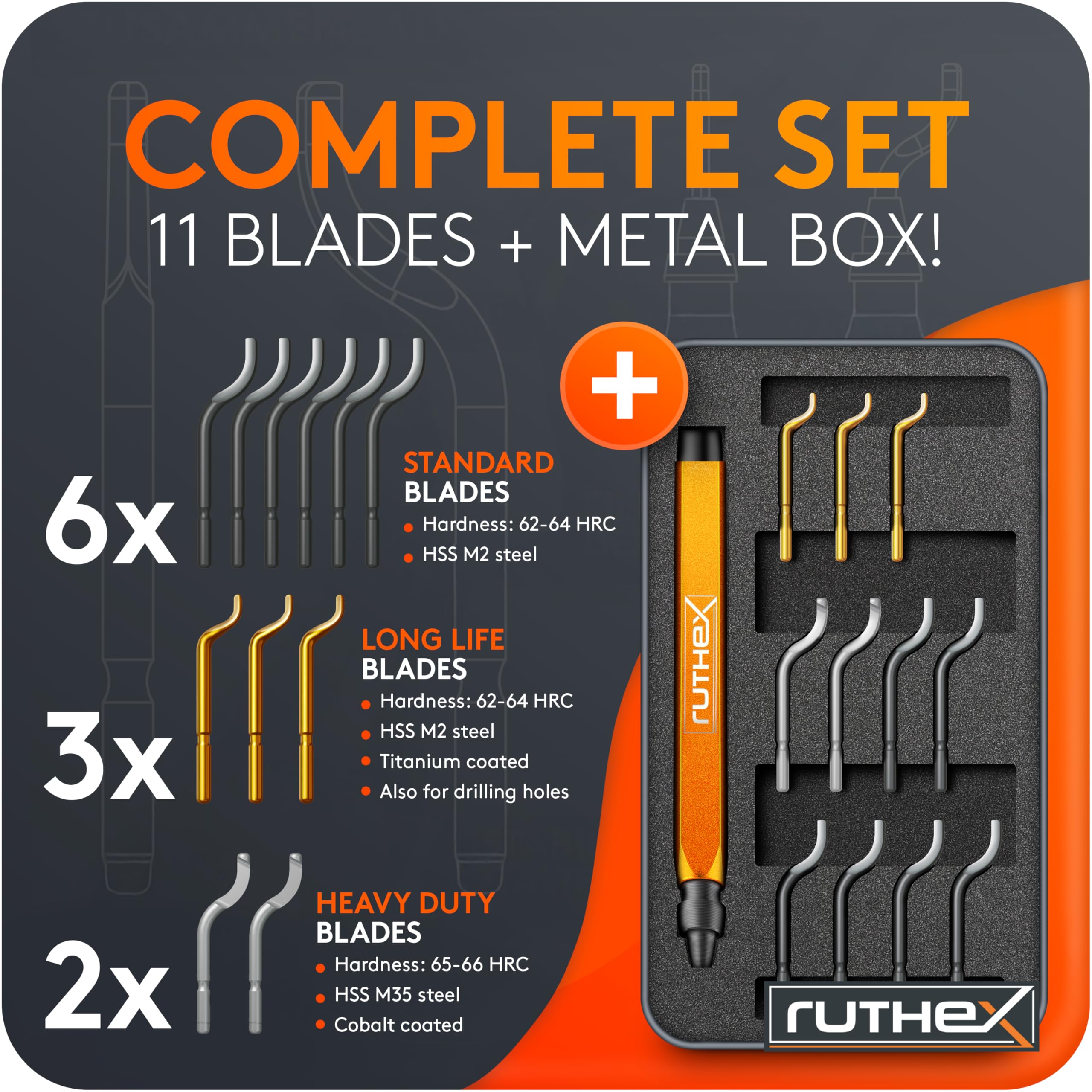 Ruthex Desbarbador Manual en Caja de Metal con 11 Cuchillas para Plástico, Metal y Acero Inoxidable