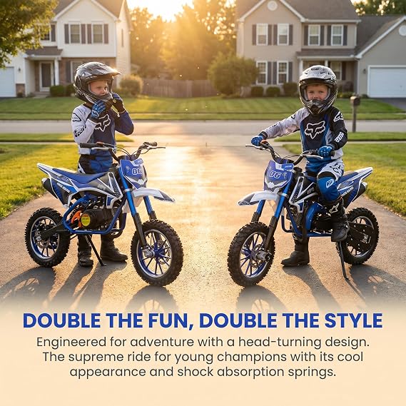 50cc Kids Dirt Bike, 2-Stroke Mini Dirt Bike, Gas Bike for Kids & Adults, Motocross Off-Road Tires Shock Absorption Springs Pit Bikes, Speeds Up to 40 KM/H, motos para ninos gasolina (Blue-White)