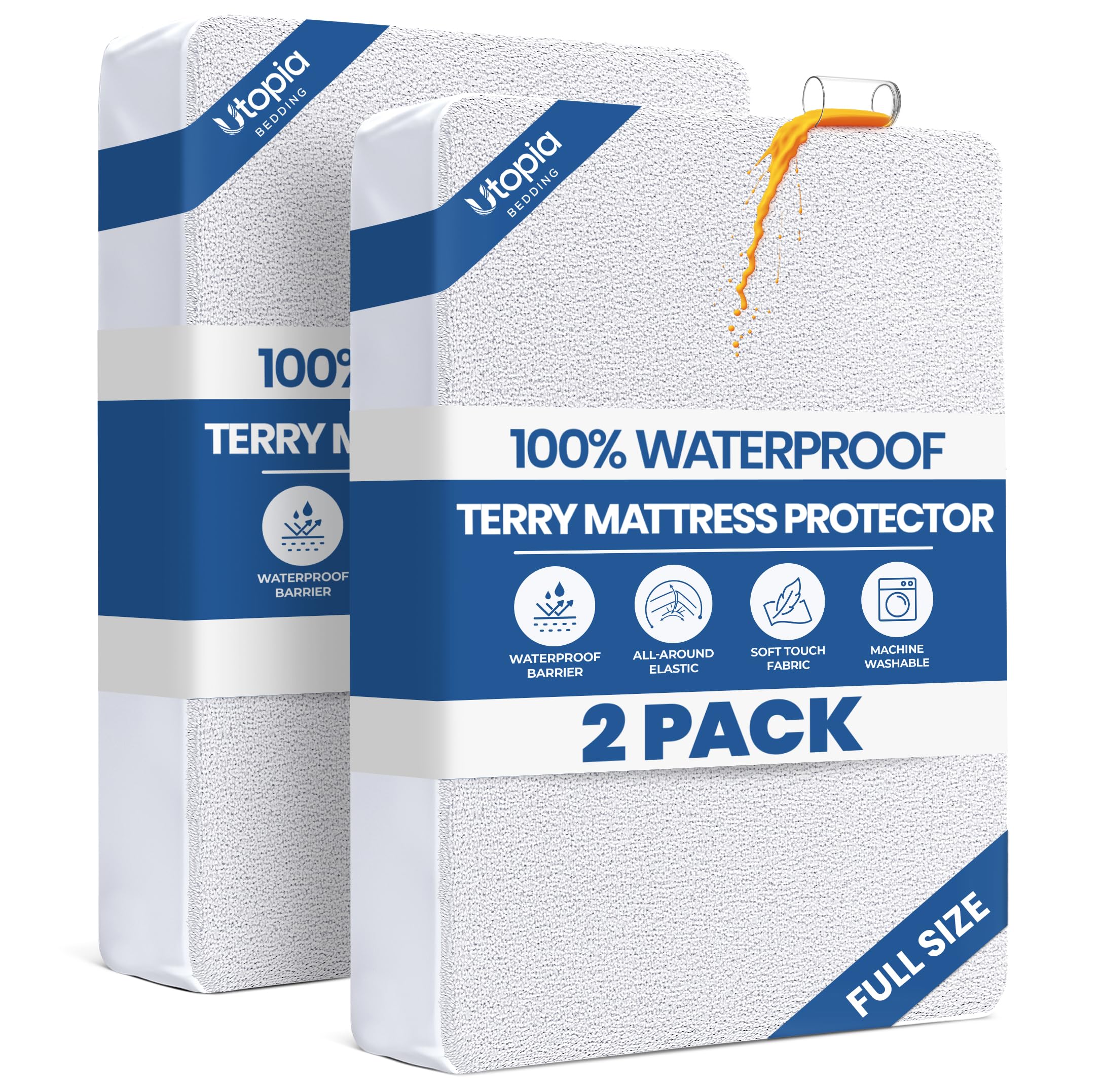 Utopia Bedding Waterproof Mattress Protector Full Size 2 Pack, Premium 200 GSM Terry Mattress Cover, Soft & Breathable Bed Cover, Fitted Sheet Style with Stretchable Deep Pockets 15" (White)