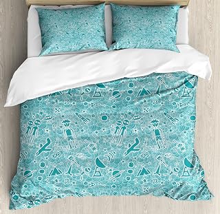 Lunarable Shuttle Duvet Cover Sets, Monochromatic Doodle Design of Intricate Half Circles Planets Alien and UFO, Bedding Set with 2 Duvet Covers & 4 Pillowcases, 2 Pack Queen Size, Dark Seafoam White