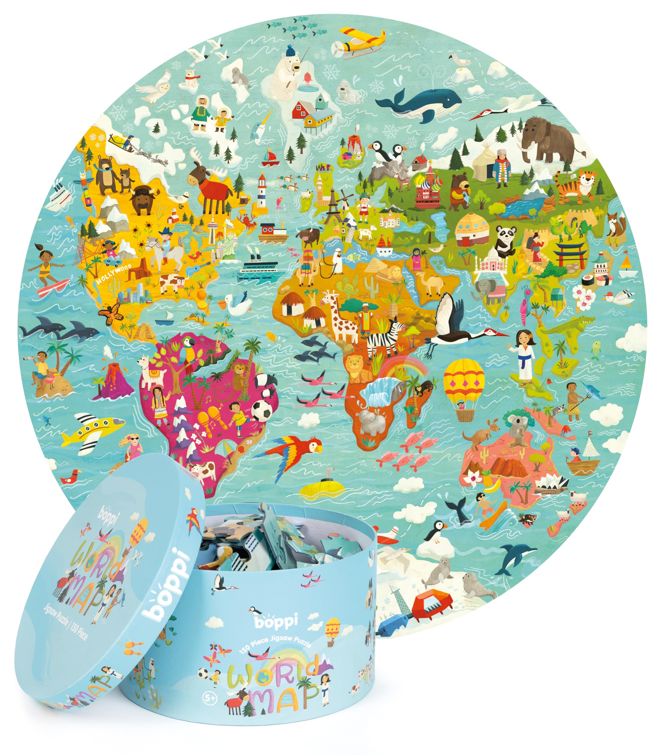 Mapa świata puzzle dla dzieci puzzle w wieku 5-8 lat - 150 sztuk zwierząt świata układanka ze 100% pochodzących z recyklingu - okrągłe wyrzynarki dla dzieci w wieku 5 lat od boppi