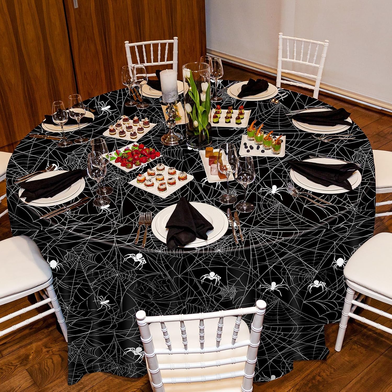 Oudain 3 Pcs Round Halloween Tablecloth 84 Inch Plastic Spider Web Tablecloth Disposable Cobweb Halloween Round Table Cover for Birthday Party Dining Table Decorations Supplies (Black)