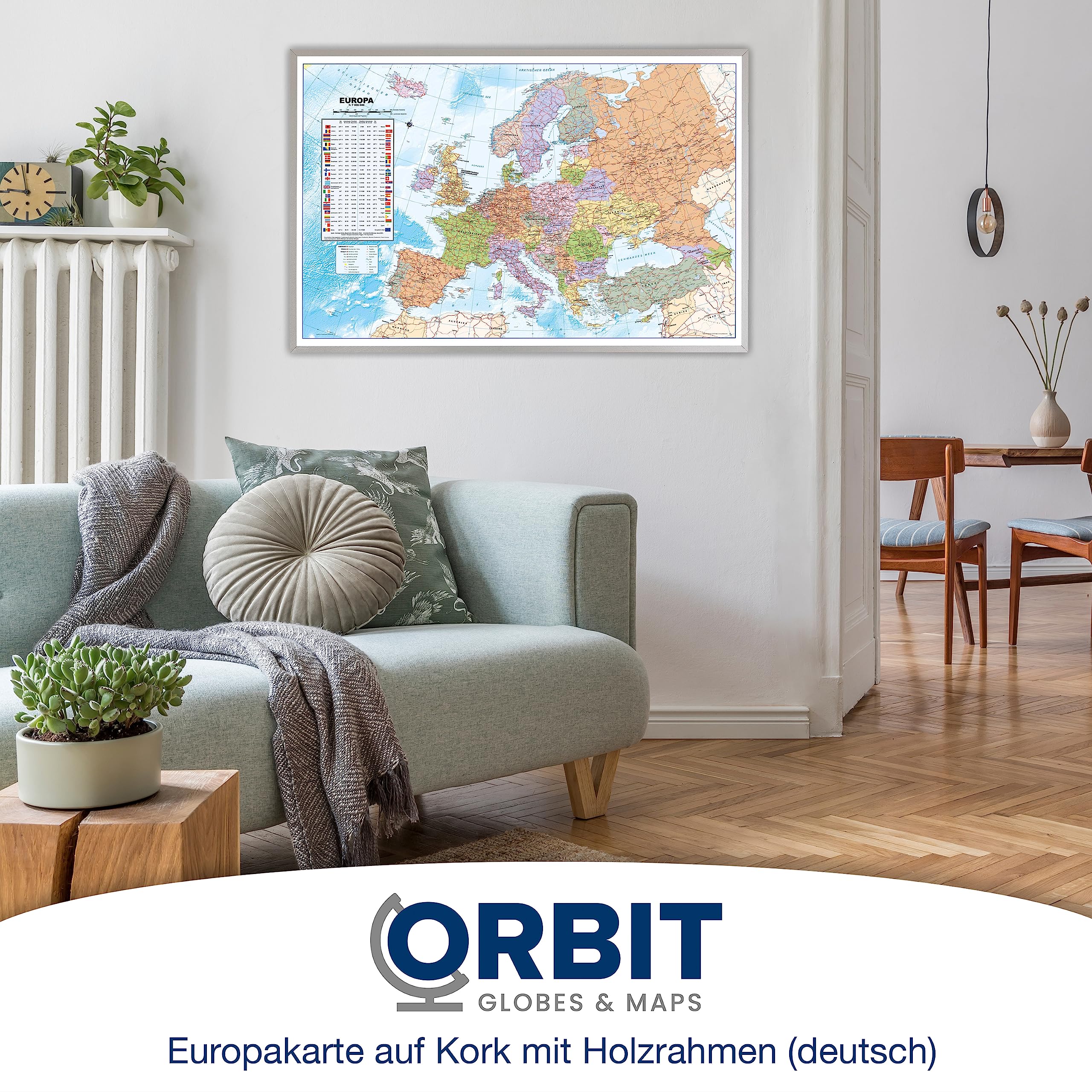 ORBIT GLOBES & MAPS - Politische Europakarte in deutsch, Pinnwand mit Holzrahmen, Aktuell 2025, 90x60 cm, deutsch, Maßstab 1:46 Mio mit Fähnchen und Pins sowie Befestigungsmaterial