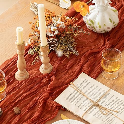 Miniatura 3 de FEXIA Paquete de 10 caminos de mesa color terracota de 35 x 120 pulgadas, camino de mesa de gasa naranja quemada rústica para decoración de boda,