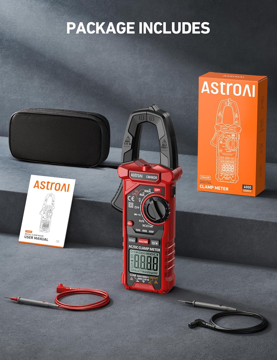 AstroAI Digital Clamp Meter Multimeter 4000 Counts Auto-ranging Amp Tester Measuring AC/DC Voltage & Current, Resistance, Capacitance, Frequency, Continuity, Live Wire Test, NCV Detection, Black