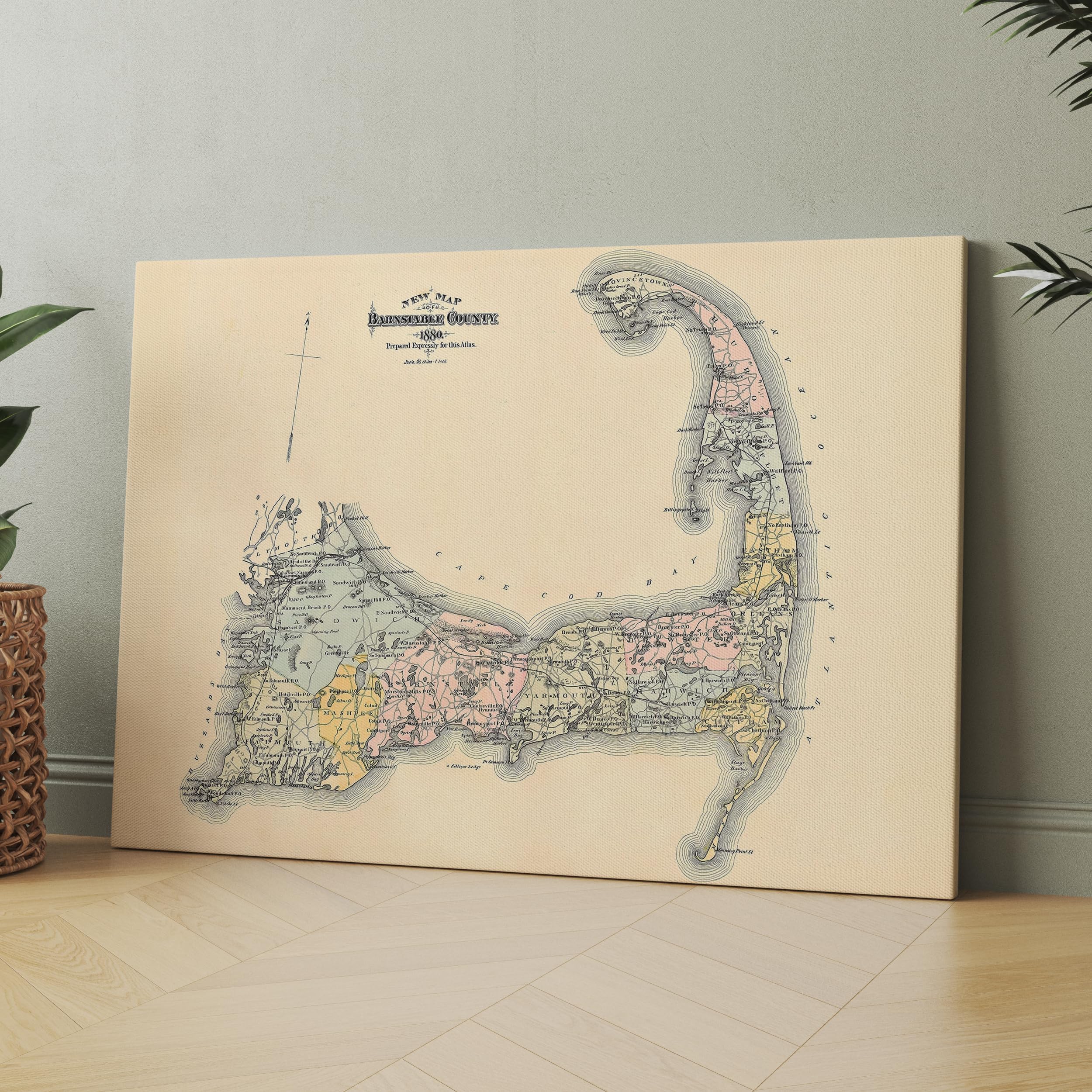 Generic Map of Cape Cod 1880 Barnstable County Massachusetts Canvas Wall Art Print | Iconic Posters, Pictures, Painting, Canvas Wall Art Gifts and Home Decor (24โ x 36โ x 0.75โ)