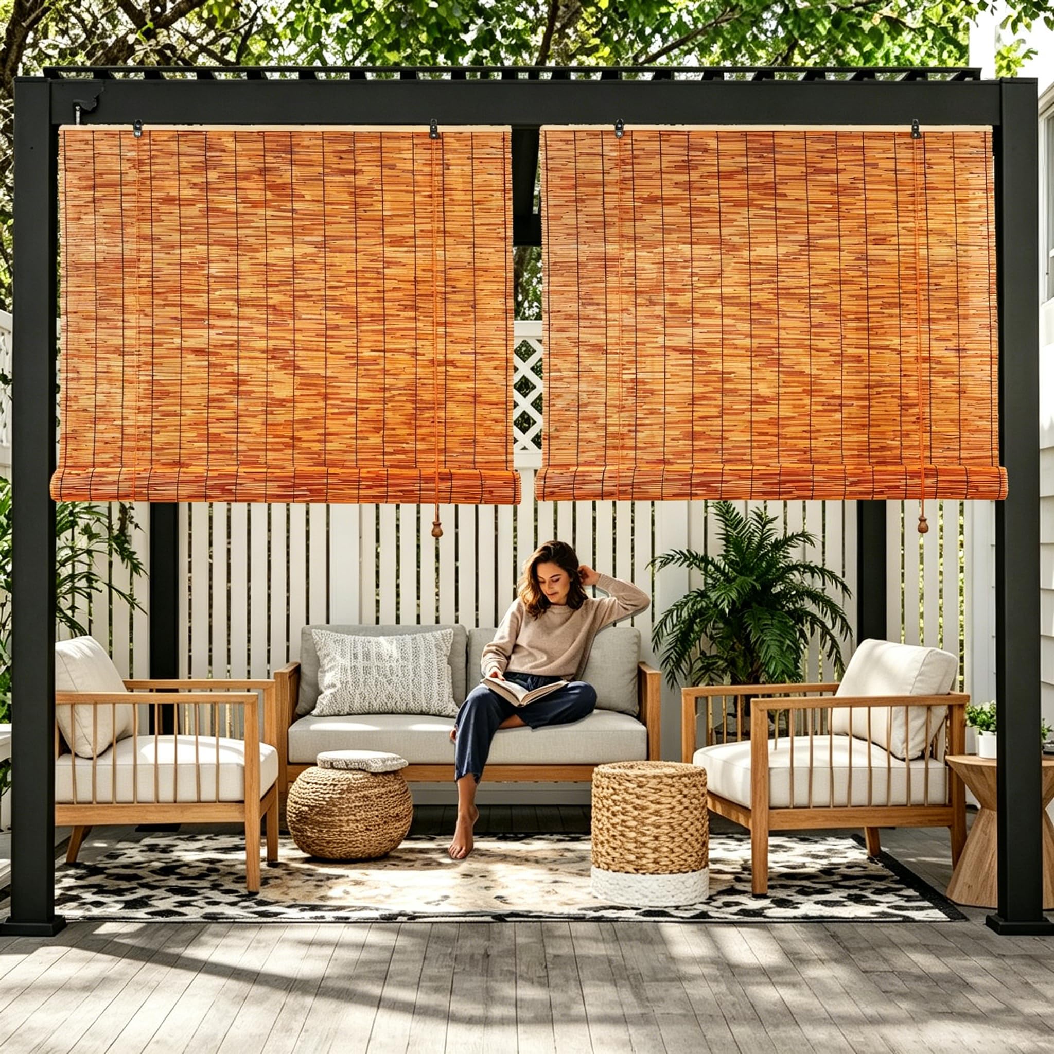 AYHSMNOU Outdoor Roller Reed Blinds Porch Bamboo Shades Natural Retro Reeds Curtain Bamboo Roller Blinds Privacy Screen Light Filtering Sun Protection Window Curtains Customizable Size