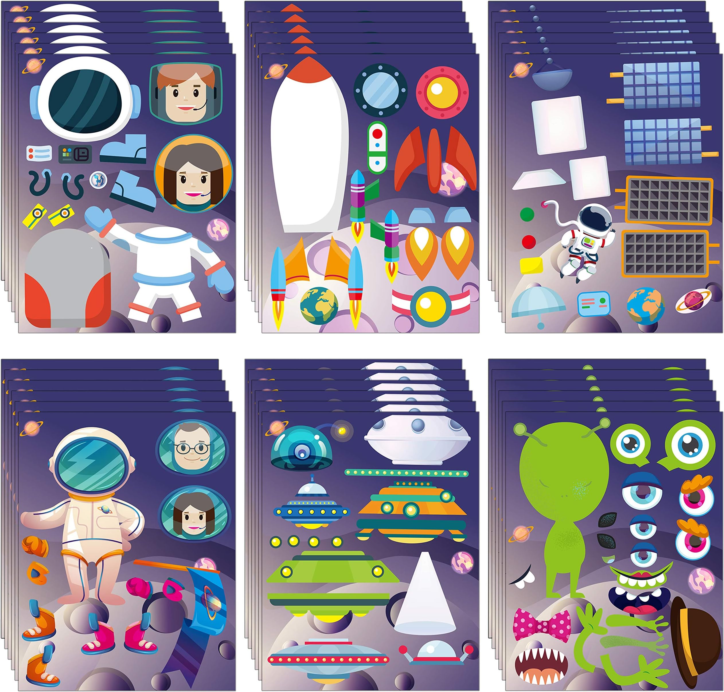 36pcs Outer Space Make-a-face Stickers Sheets, Make Your Own Astronaut Stickers, Fun Craft Project for Kids, Over 500pcs Mix and Match Stickers Gifts Bag Stuffers, Mix of Alien, Rocket, Ship