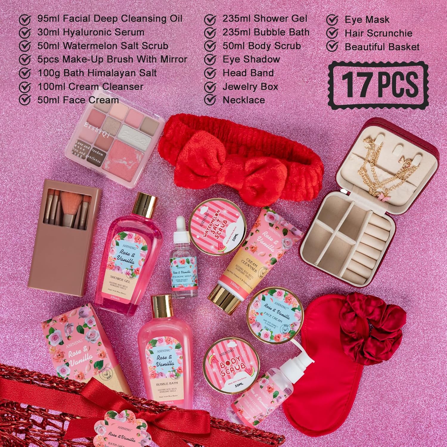 Bath and Body Gift Basket Set Mothers Day, 16 Pcs Luxury Rose & Vanilla Scent Spa Gift Basket Set for Women, Watermelon Body Scrub, Perfect Bath & Body Gift Set, Home Spa Bath Pamper Gifts Teens - Image 2