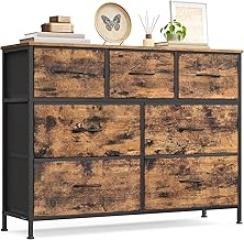 SONGMICS 7 Drawer Chest of Drawers Bedroom Storage Cabinet Steel MDF Board Non-woven Fabric Hallway Entryway Living Room Rustic Brown and Ink Black LGS323BH04