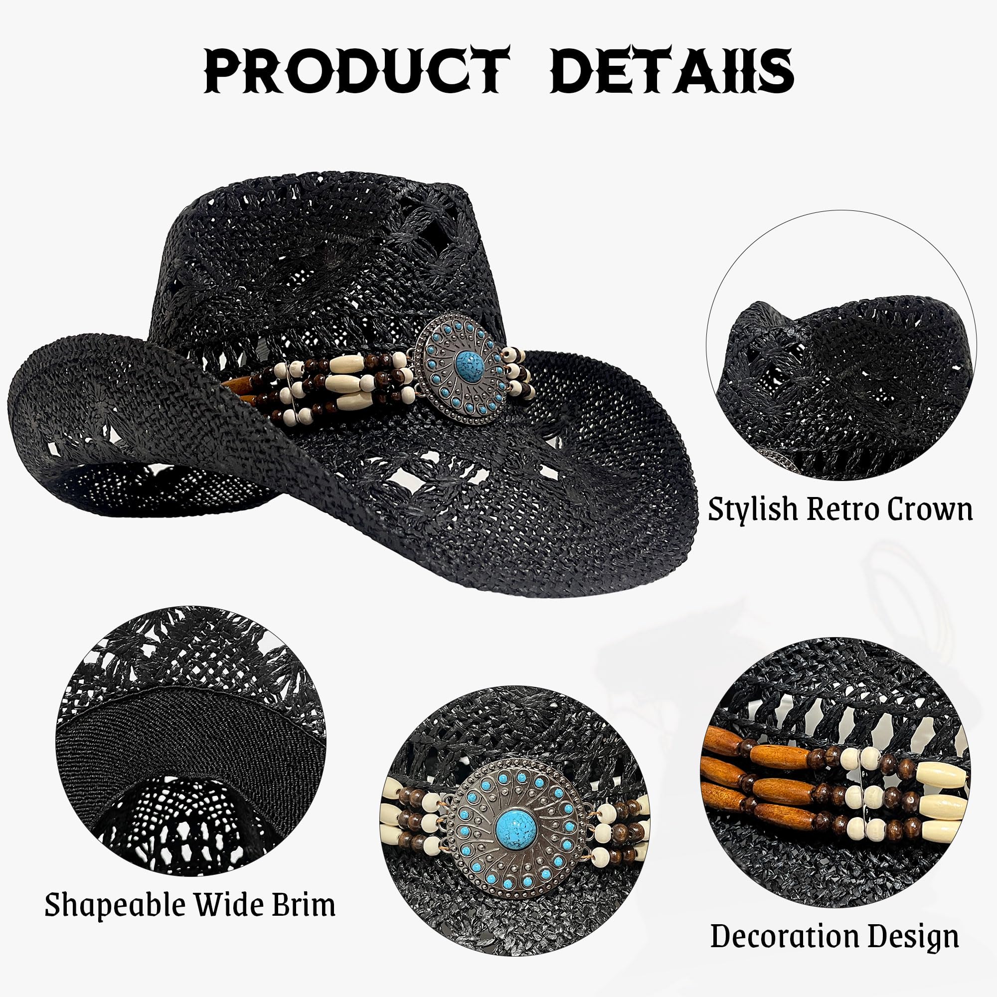 Sombrero Cowboy Vaquero de Paja para Hombre con diseño Tejido Transpirable, Ideal para Verano, Rodeo, Fiesta y Disfraces