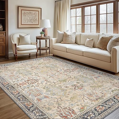 Bavni Area Rugs 8x10 Clearance, Rugs for Living Room, Machine Washable Rug Lightweight Low Pile, Chenille Non Slip Rug Boho Print Decorative Carpet for Bedroom Dinning Room, Ivory/Teal