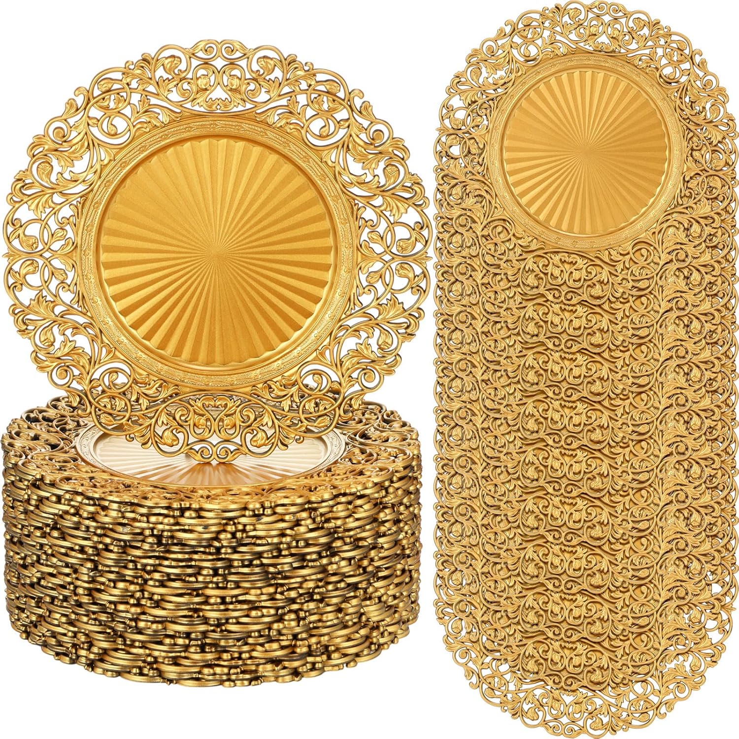 Jinei 36 Pack Hollowed Out Flowers Charger Plates 13 Inch Round Charger Plates Vintage Table Decoration Reusable Dinner Tray for Table Wedding Thanksgiving Christmas Holiday Party Decoration(Gold)