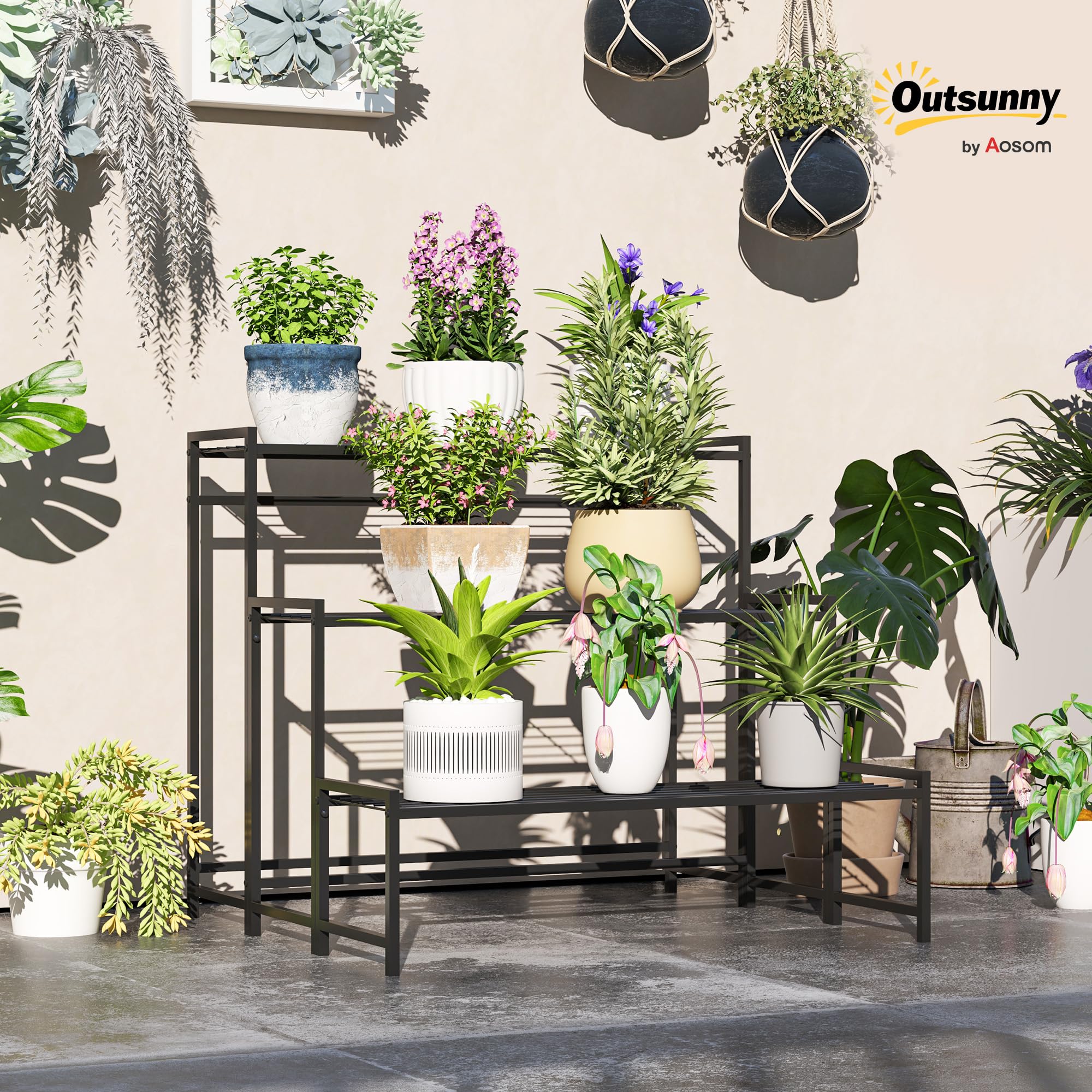 Outsunny Étagère à Fleurs en métal 3 Niveaux Jardin 75 x 70 x 66 cm Noir | Intérieur et Extérieur, Support de Plantes en Échelle, Étagère à Plantes, Balcon, Salon