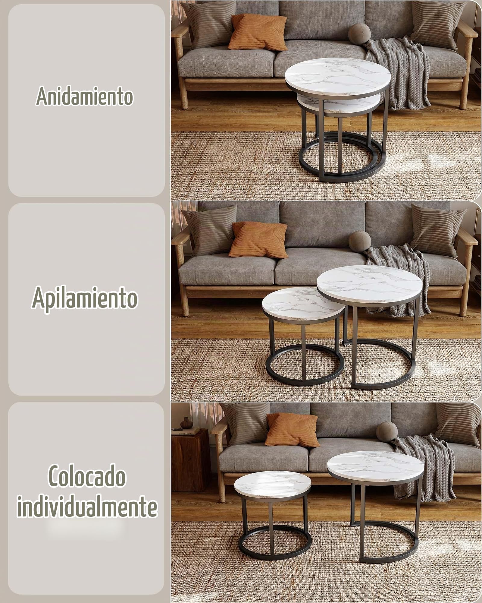Set de 2 Mesas Auxiliares para Salon Nido Efecto Mármol Blanco 50+40cm, Mesa Auxiliar Sofa Moderna, Mesitas Auxiliares de Centro Pequeñas Mesa Salon Centro de Metal Negro