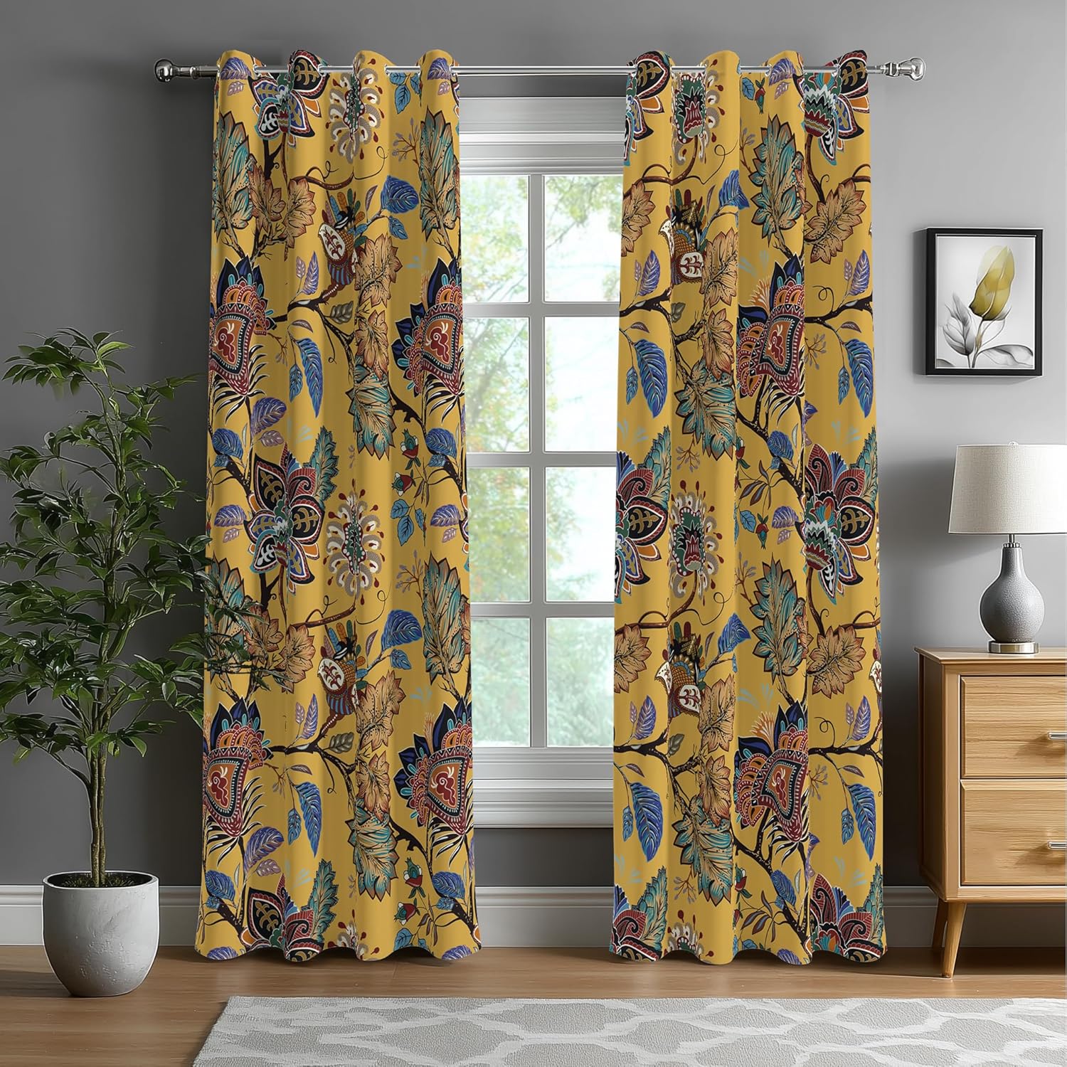 Blackout Curtains for Bedroom Mustard Yellow Boho Floral Black Out Curtains for Living Room Vintage Paisley Room Darkening Window Drapes, 52" W x 84" L (Pack of 2),Mustard Yellow Floral