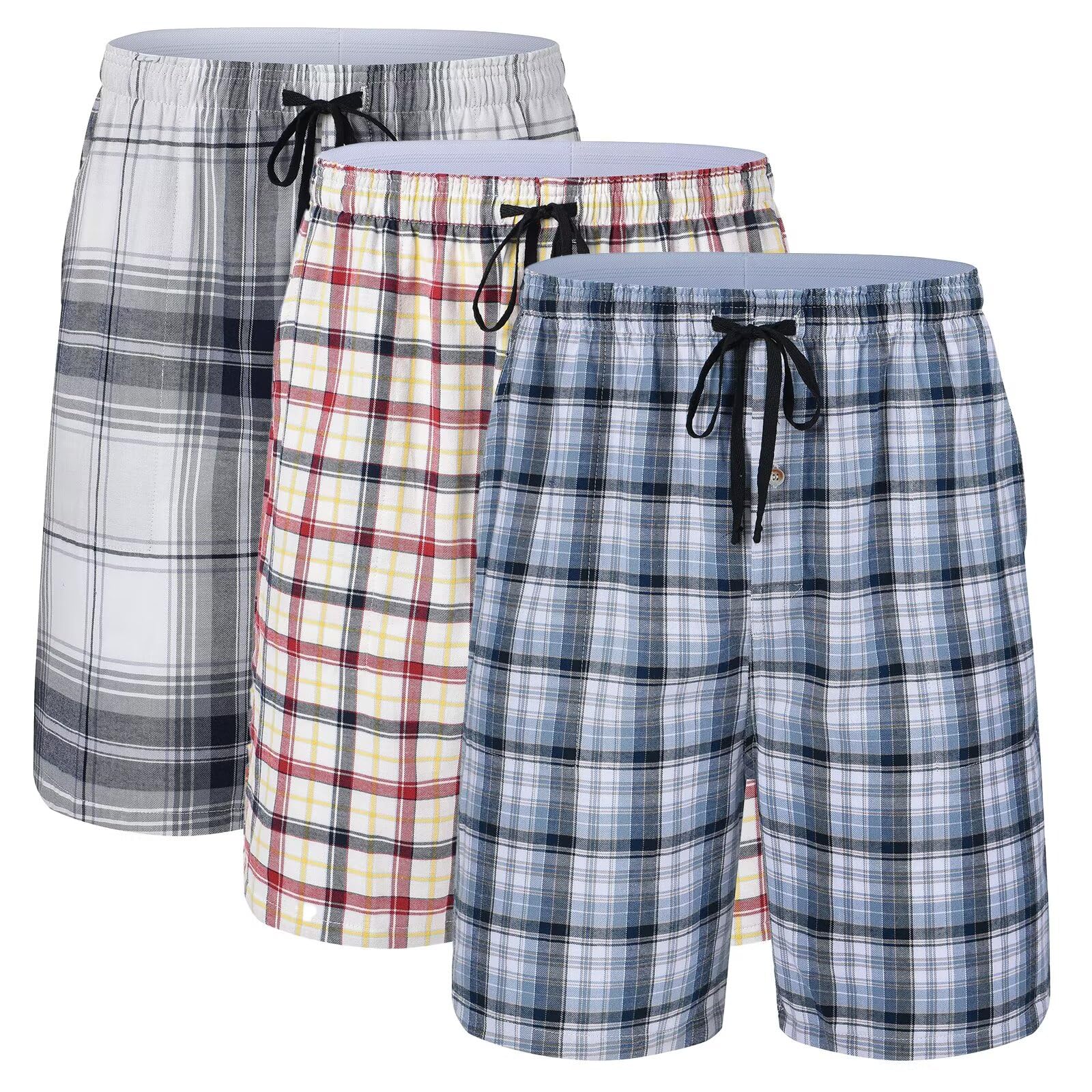 Men's 3-Pack Woven Pajama Short Cotton Plaid Sleepwear Shorts Button Open Fly with Pockets-image-43
