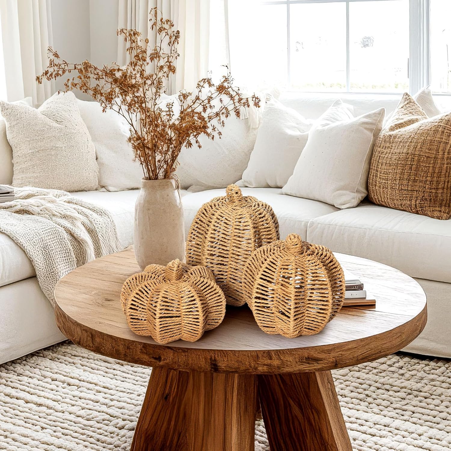 Geelin 3 Pcs Neutral Fall Decor Weave Rattan Pumpkins 3 Sizes Faux Woven Pumpkin Centerpiece Handmade Crafts for Autumn Thanksgiving Harvest Table Runner Mantel Home Office Party Decor