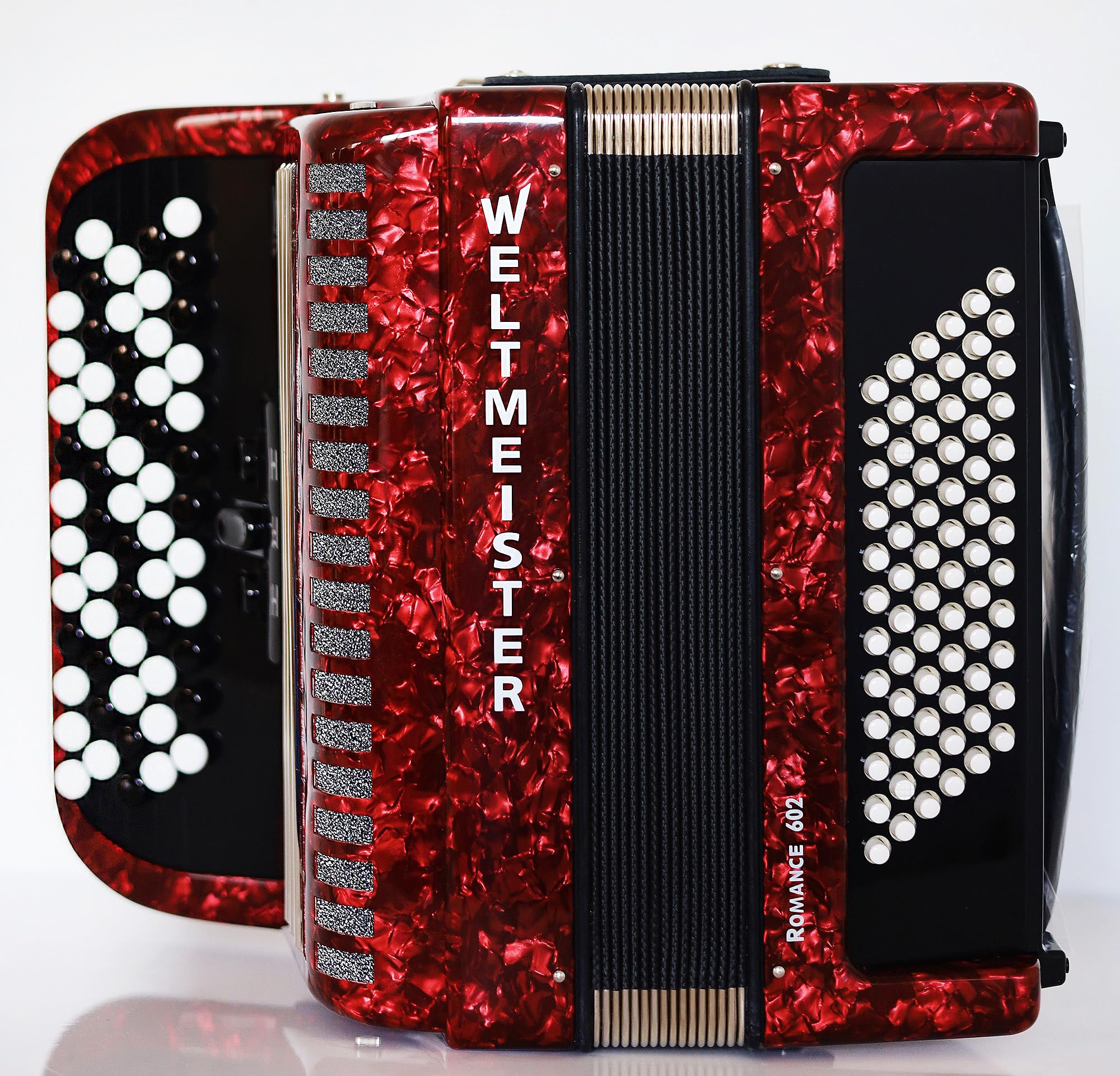 Generic NEW Weltmeister Romance 602 Button Accordion, made in Germany, 72 Bass buttons, Lightweight Accordion B-Gripp, Red Pearloid, incl Straps and Case, Shipping from the USA
