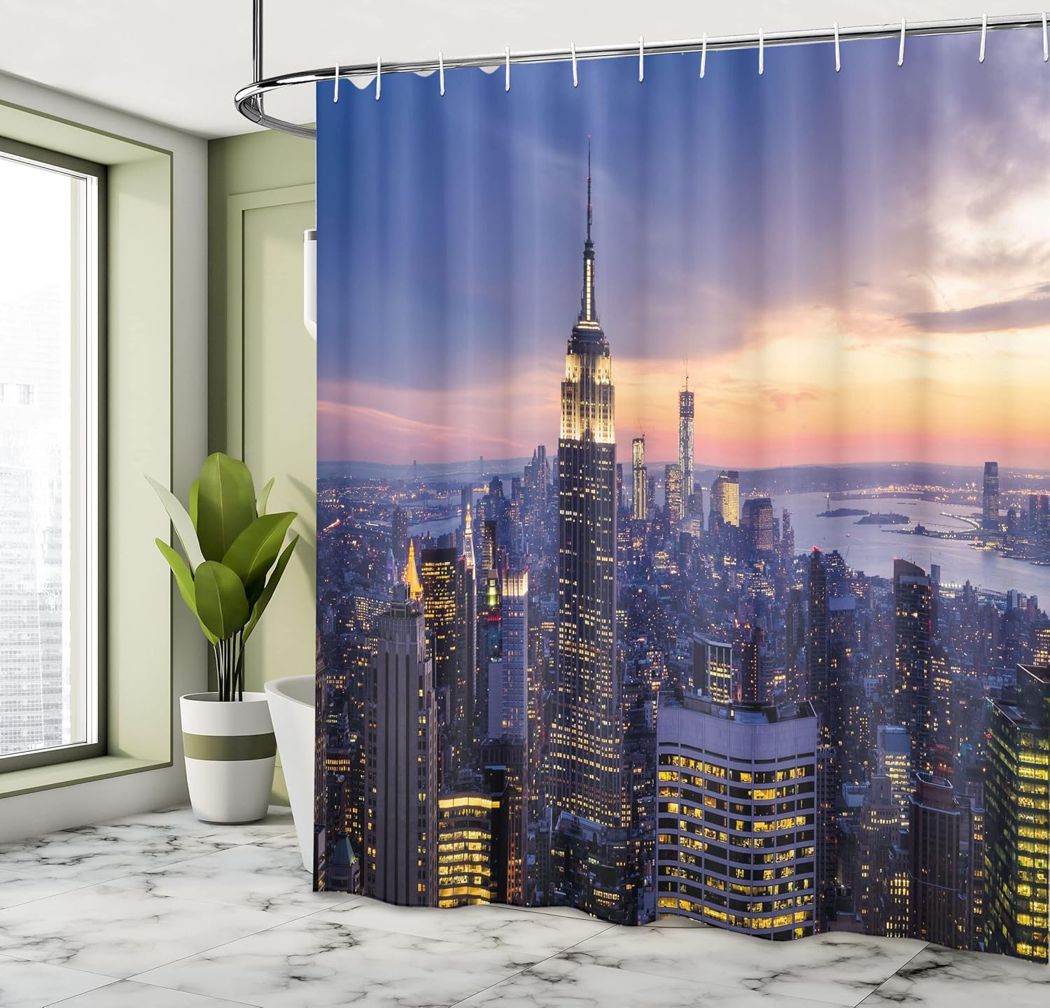 Ambesonne Modern Shower Curtain, New York City Skyline with Skyscrapers at Sunset Night American Urban Life Image, Cloth Fabric Bathroom Decor Set with Hooks, 69" W x 70" L, Orange Blue