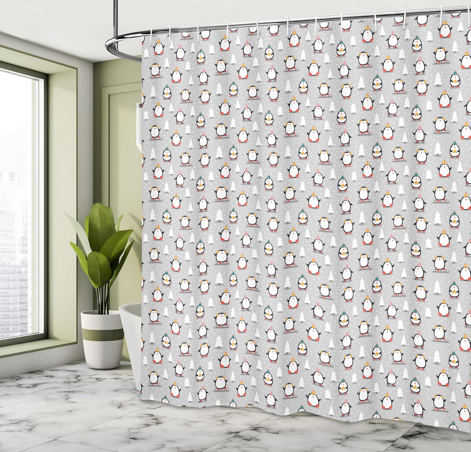 Ambesonne Winter Shower Curtain, Penguin Playing in Snow Snowflakes Trees Cold and Holiday Time Animalistic, Cloth Fabric Bathroom Decor Set with Hooks, 69" W x 70" L, Pale Grey