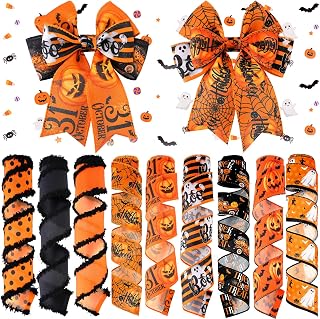 9 Roll 45 Yards Ghost Pumpkin Halloween Wired Ribbons for Wreath Bow | Halloween Ribbon for Gifts Wrapping Crafts, Ghost Pumpkin Wired Ribbon, 2 Inch Wide, Orange Black HolidaDIY Home Supplies