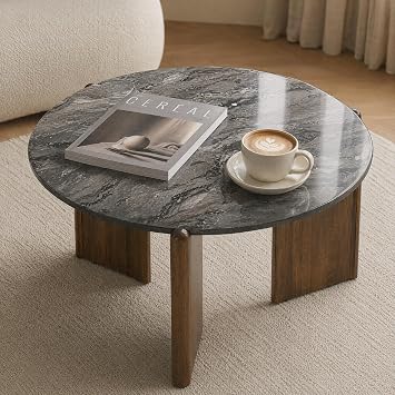 Round Black Marble Coffee Table with Three Walnut Wood Legs, Modern Accent Center Table for Living Room Home Decor, Office
