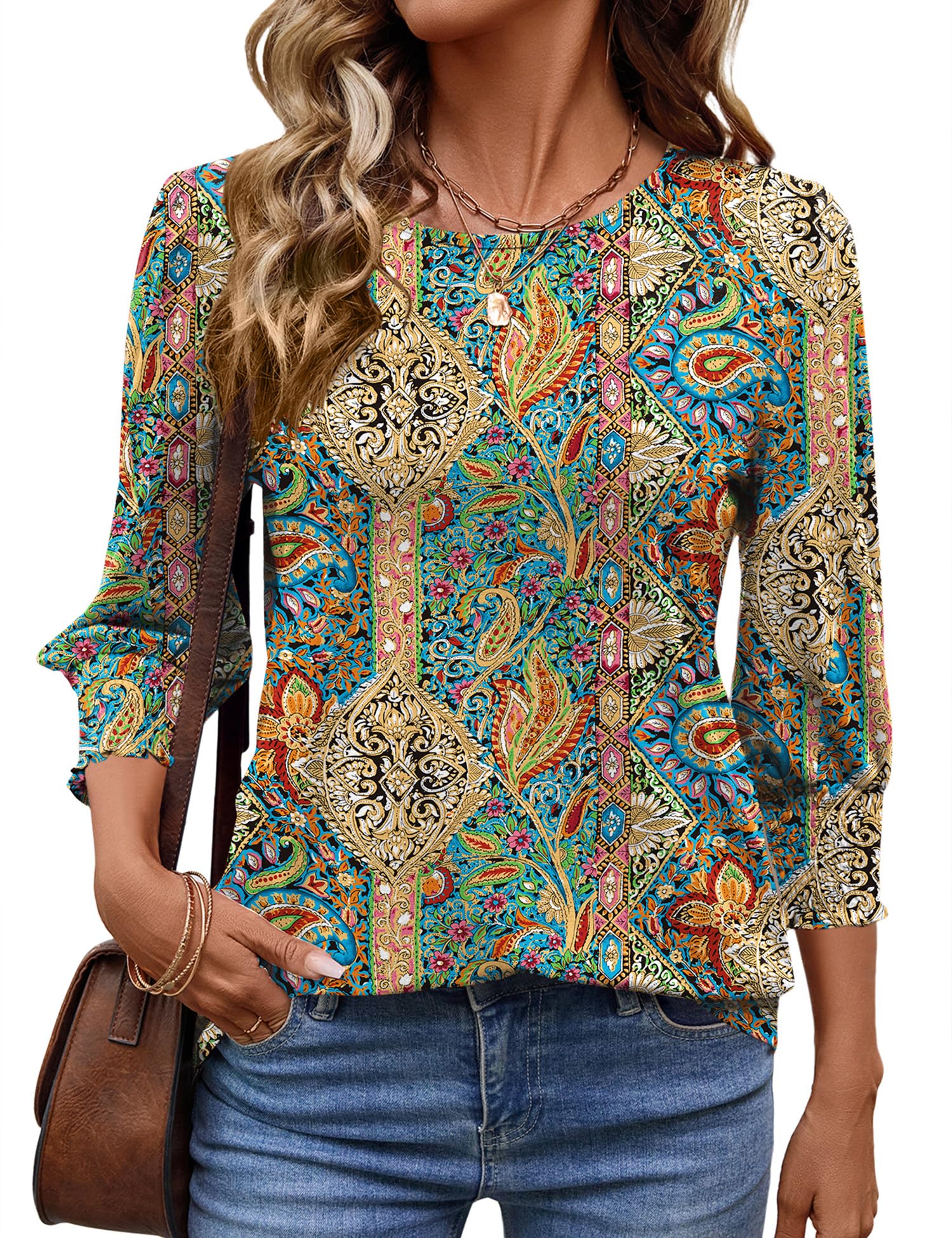 IECCP Damen Bluse 3/4 Ärm Runder Ausschnitt Tunika Sommer Tops Locker Shirt Lässig 2025 Oberteil Elegant Bluse